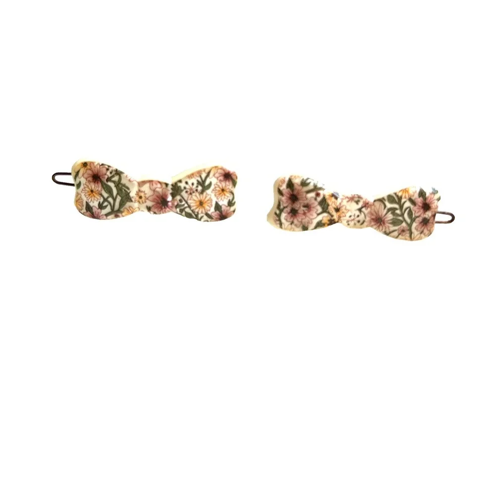 Vintage Made France Hair Barrettes Pair Bow Clips Pearl Sheen Cream Tige Boule